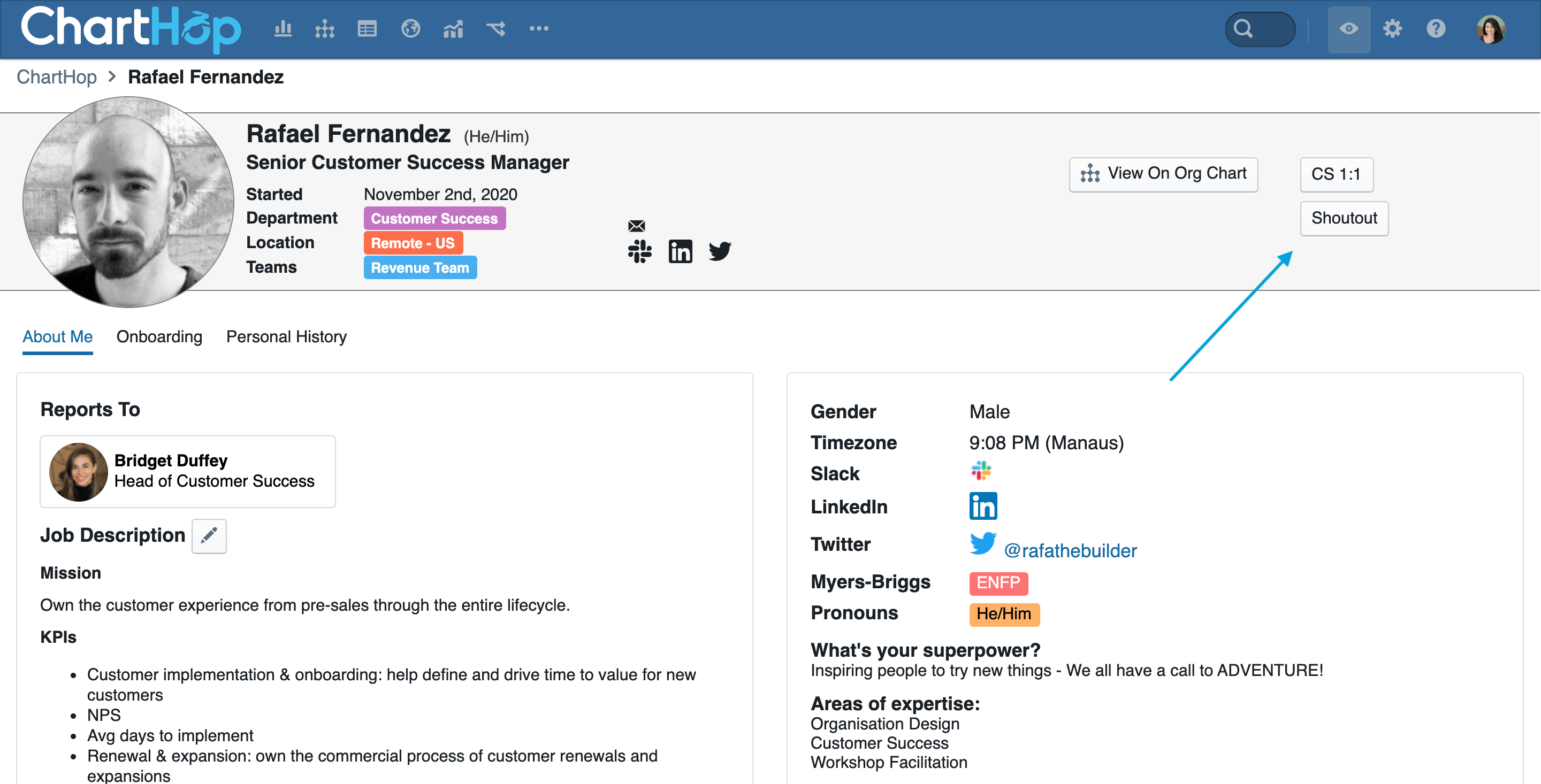 ChartHop Shoutouts in Employee Profile 